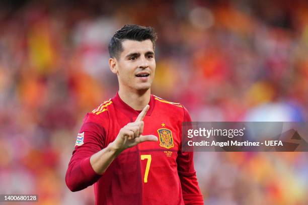 Alvaro Morata of Spain celebrates after scoring their team's first goal during the UEFA Nations League League A Group 2 match between Spain and...