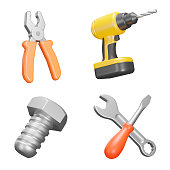 Tools for repair 3d icon set. Tool for repair work. Pliers, drill, screwdriver, bolt, screwdriver, wrench. Isolated icons on a transparent background