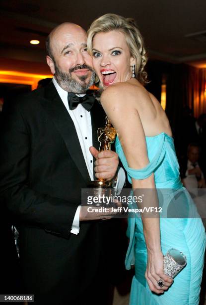 Winner for Best Costume Design for 'The Artist,' Mark Bridges poses with actress Missi Pyle at the 2012 Vanity Fair Oscar Party Hosted By Graydon...