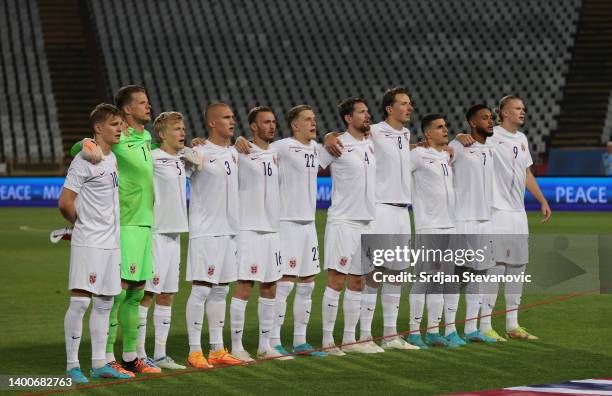 Players of of Norway stand for the national anthem prior to the UEFA Nations League League B Group 4 match between Serbia and Norway at Stadion Rajko...