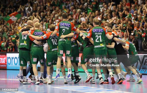 The team of SC Magdeburg celebrate after winning the german handball championship after the LIQUI MOLY HBL match between SC Magdeburg and HBW...