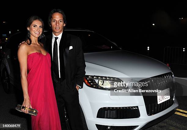 Actress Christina Hale and a guest arrive at Audi Arrivals at 20th annual Elton John AIDS Foundation Academy Awards viewing party on February 26,...