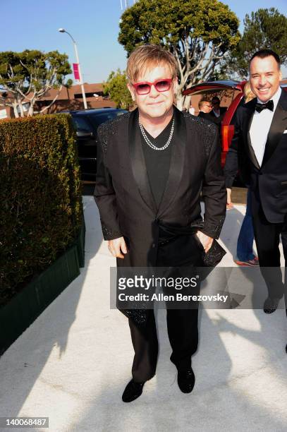 Singer Elton John arrives at Audi Arrivals at 20th annual Elton John AIDS Foundation Academy Awards viewing party on February 26, 2012 in Beverly...