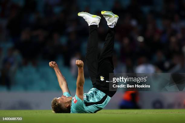 Sam Curran of Surrey celebrates taking his fifth wicket of the game during the Vitality T20 Blast match between Surrey and Hampshire Hawks at The Kia...