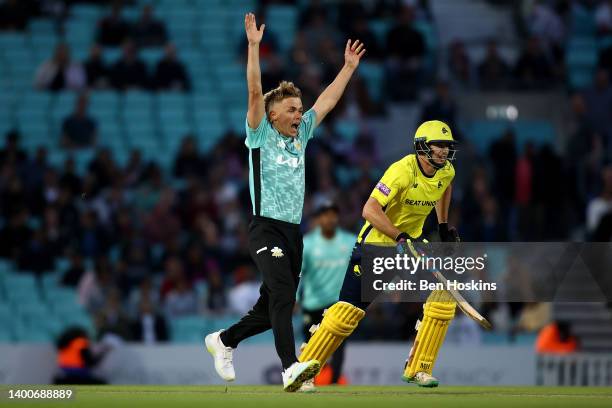 Sam Curran of Surrey appeals during the Vitality T20 Blast match between Surrey and Hampshire Hawks at The Kia Oval on June 02, 2022 in London,...