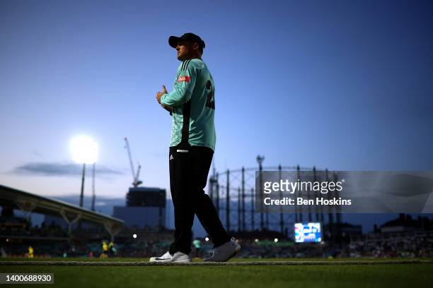 Jason Roy of Surrey looks on during the Vitality T20 Blast match between Surrey and Hampshire Hawks at The Kia Oval on June 02, 2022 in London,...