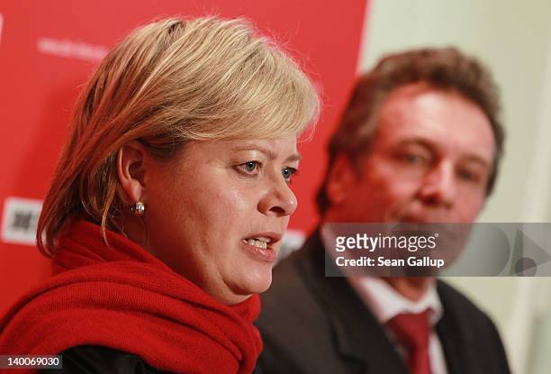 Gesine Loetzsch and Klaus Ernst, leaders of Die Linke left-wing political party, speak to the press to announce that Beate Klarsfeld will be the...