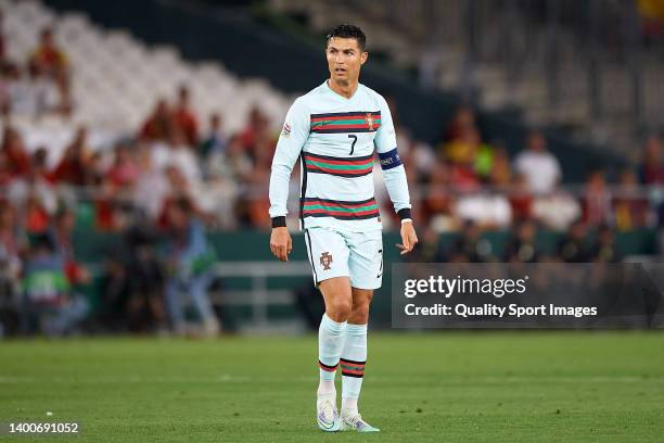 Cristiano Ronaldo of Portugal looks on during the UEFA Nations League League A Group 2 match between Spain and Portugal at Estadio Benito Villamarin...