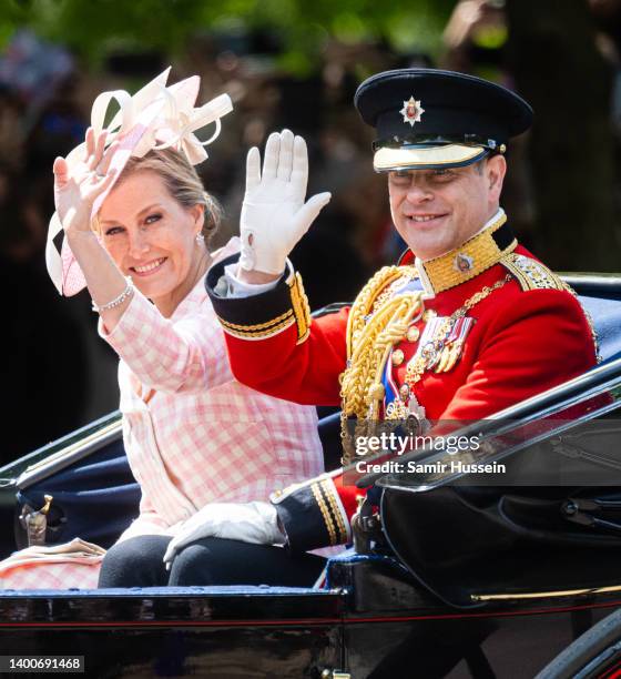 Prince Edward, Earl of Wessex and Sophie, Countess of Wessex ride in a carriage during Trooping The Colour, the Queen's annual birthday parade, on...