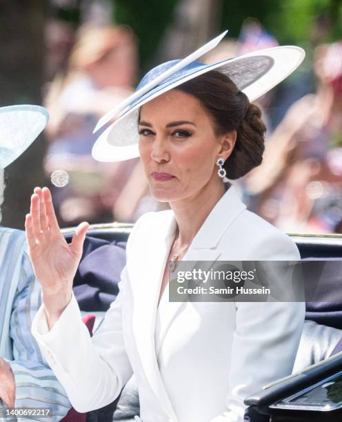Catherine, Duchess of Cambridge travels by carriage at Trooping the Colour on June 02, 2022 in London, England.Trooping The Colour, also known as The...