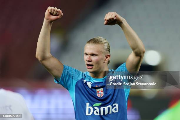 Erling Haaland of Norway celebrates after victory in the UEFA Nations League League B Group 4 match between Serbia and Norway at Stadion Rajko Mitić...