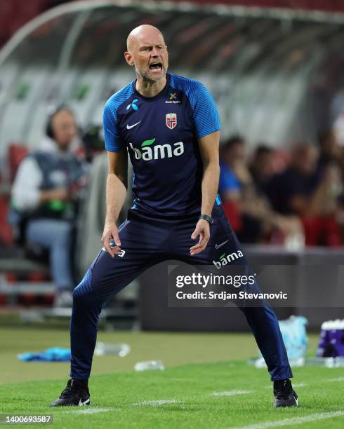 Stale Solbakken, Head Coach of Norway reacts during the UEFA Nations League League B Group 4 match between Serbia and Norway at Stadion Rajko Mitić...