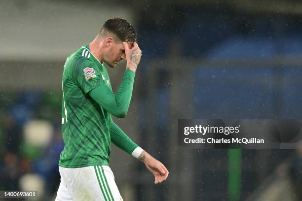 Kyle Lafferty of Northern Ireland looks dejected following defeat in the UEFA Nations League League C Group 2 match between Northern Ireland and...