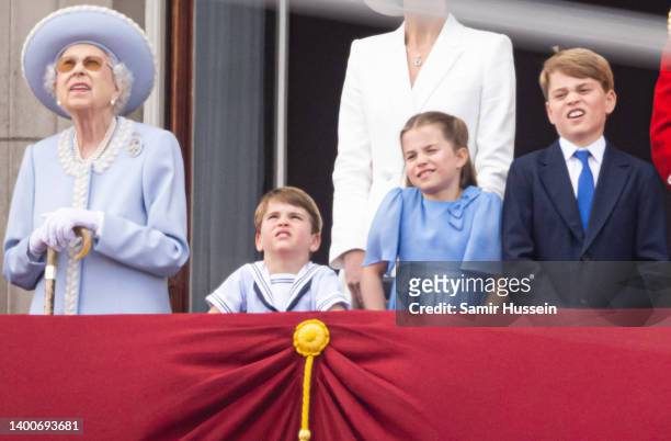 Queen Elizabeth II, Prince Louis of Cambridge, Princess Charlotte of Cambridge and Prince George of Cambridge during Trooping the Colour on June 02,...
