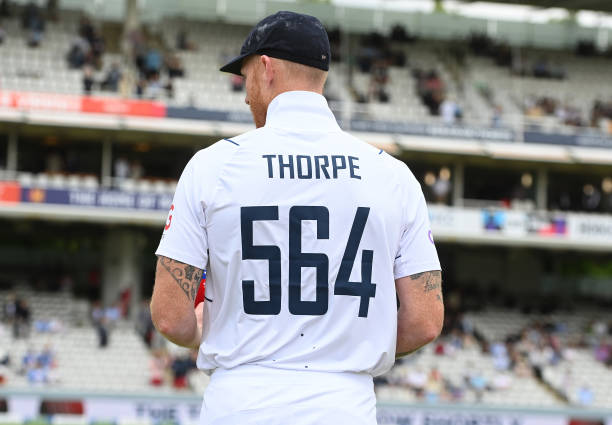 Ben Stokes of England wears a shirt with Graham Thope's name and number on it before the first Test between England and New Zealand at Lord's Cricket...