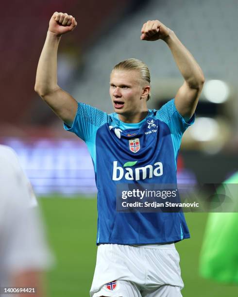 Erling Haaland of Norway celebrates after victory in the UEFA Nations League League B Group 4 match between Serbia and Norway at Stadion Rajko Mitić...