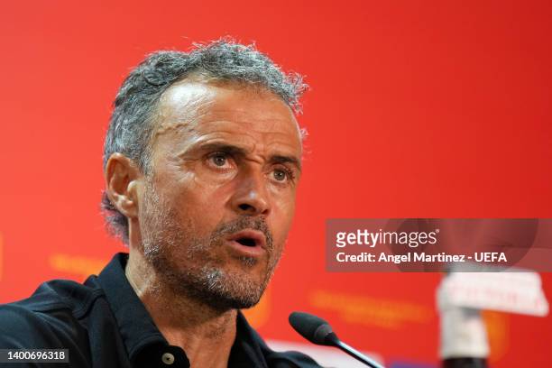 Luis Enrique, Head Coach of Spain speaks to the media during a press conference following their draw in the UEFA Nations League League A Group 2...