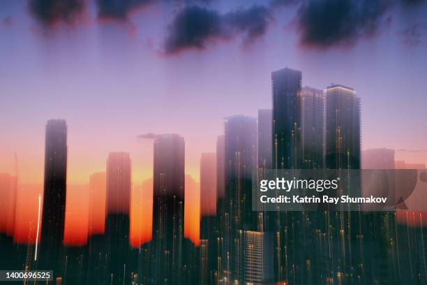 astro projection. cityship is taking off  into passionate sunset dimension - kicks off imagens e fotografias de stock