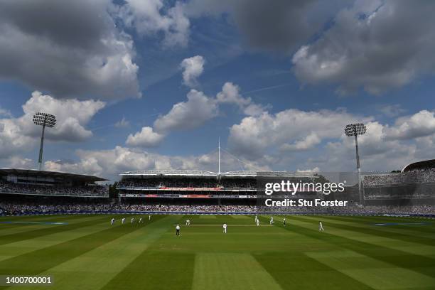 General view of the action during day one of the First Test match between England and New Zealand at Lord's Cricket Ground on June 02, 2022 in...