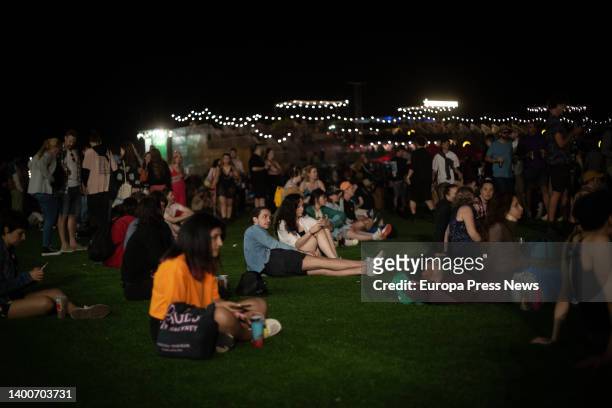 Group of people at night during the first day of the Primavera Sound Barcelona Festival, in Sant Adria de Besos, on June 2 in Barcelona, Catalonia,...