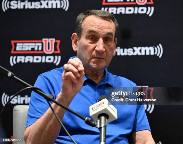 Mike Krzyzewski, retired head coach of the Duke Blue Devils men's basketball team, tapes an episode of his SiriusXM show during a SiriusXM Town Hall...