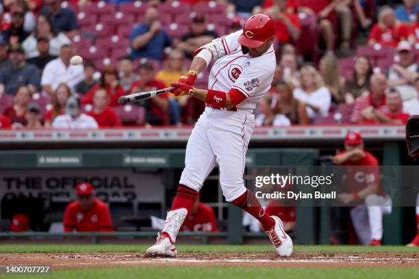 Joey Votto of the Cincinnati Reds hits a home run in the first inning against the Washington Nationals at Great American Ball Park on June 02, 2022...