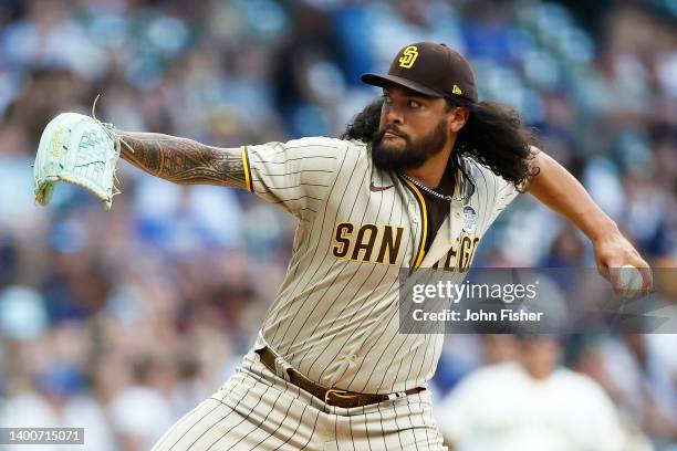 Sean Manaea of the San Diego Padres throws a pitch in the second inning against the Milwaukee Brewers at American Family Field on June 02, 2022 in...