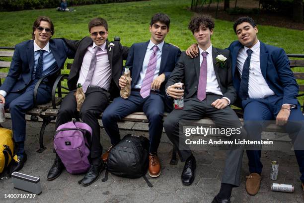 High school senior boys prepare for prom night on May 26, 2022 in Union Square Park, New York City.