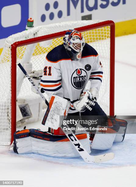 Mike Smith of the Edmonton Oilers makes a save against the Colorado Avalanche during the first period in Game Two of the Western Conference Final of...
