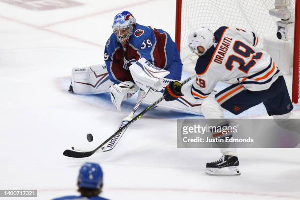 Leon Draisaitl of the Edmonton Oilers takes a shot on Pavel Francouz of the Colorado Avalanche during the first period in Game Two of the Western...