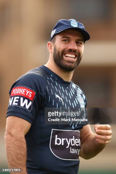 James Tedesco of the Blues smiles during a New South Wales Blues State of Origin squad training session at Coogee Oval on June 03, 2022 in Sydney,...