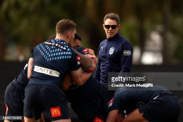 Blues coach Brad Fittler watches a New South Wales Blues State of Origin squad training session at Coogee Oval on June 03, 2022 in Sydney, Australia.
