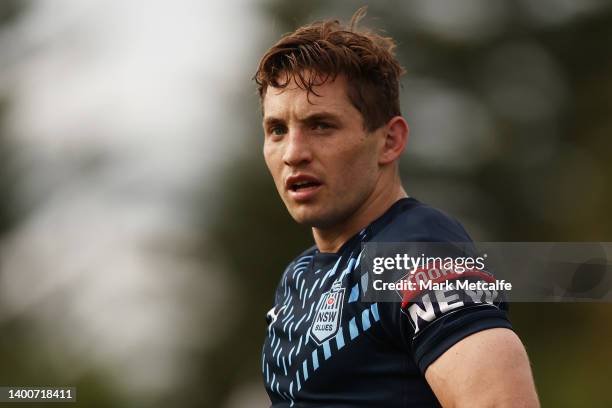 Cameron Murray of the Blues looks on during a New South Wales Blues State of Origin squad training session at Coogee Oval on June 03, 2022 in Sydney,...