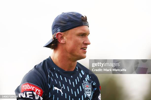 Jack Wighton of the Blues looks on during a New South Wales Blues State of Origin squad training session at Coogee Oval on June 03, 2022 in Sydney,...