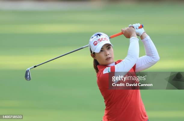 Moriya Jutanugarn of Thailand plays her second shot on the 17th hole during the first round of the 2022 U.S.Women's Open at Pine Needles Lodge and...