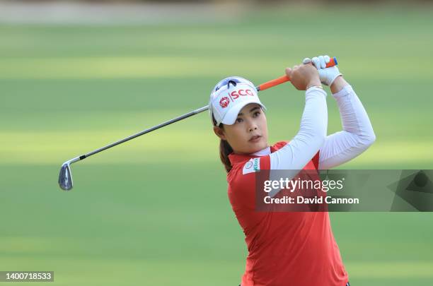 Moriya Jutanugarn of Thailand plays her second shot on the 17th hole during the first round of the 2022 U.S.Women's Open at Pine Needles Lodge and...