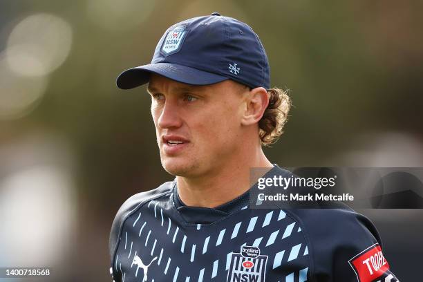 Jack Wighton of the Blues looks on during a New South Wales Blues State of Origin squad training session at Coogee Oval on June 03, 2022 in Sydney,...