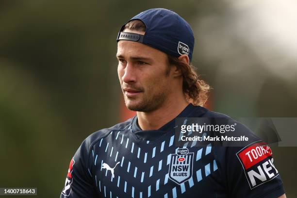 Nicho Hynes of the Blues looks on during a New South Wales Blues State of Origin squad training session at Coogee Oval on June 03, 2022 in Sydney,...