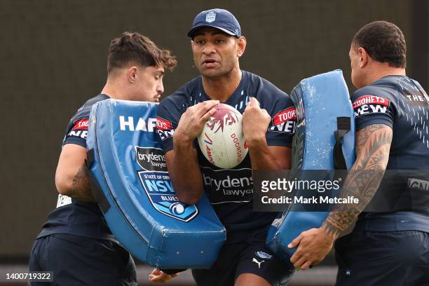 Daniel Tupou of the Blues trains during a New South Wales Blues State of Origin squad training session at Coogee Oval on June 03, 2022 in Sydney,...
