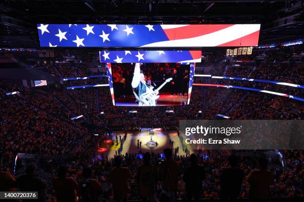 Neal Schon, guitarist in the band Journey performs the national anthem prior to Game One of the 2022 NBA Finals between the Golden State Warriors and...