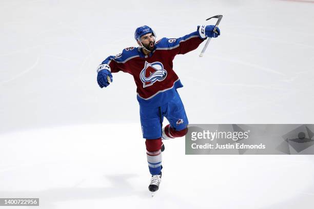 Nazem Kadri of the Colorado Avalanche celebrates a goal scored by Artturi Lehkonen on Mike Smith of the Edmonton Oilers during the second period in...