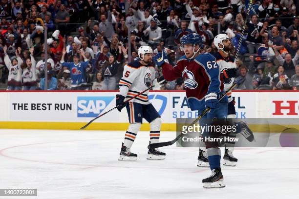 Artturi Lehkonen of the Colorado Avalanche celebrates after scoring a goal on Mike Smith of the Edmonton Oilers during the second period in Game Two...