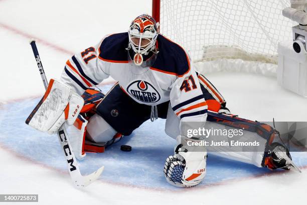 Mike Smith of the Edmonton Oilers gives up a goal to Josh Manson of the Colorado Avalanche during the second period in Game Two of the Western...