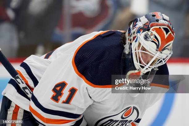 Mike Smith of the Edmonton Oilers reacts against the Colorado Avalanche during the second period in Game Two of the Western Conference Final of the...