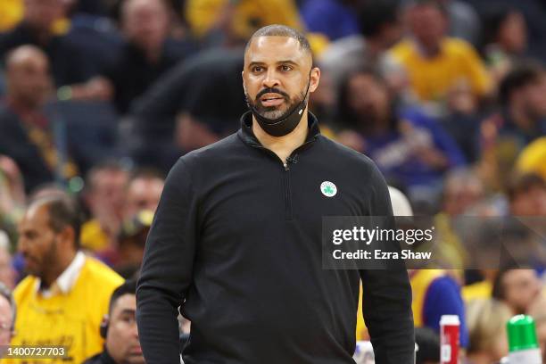 Head coach Ime Udoka of the Boston Celtics looks on during the second quarter against the Golden State Warriors in Game One of the 2022 NBA Finals at...