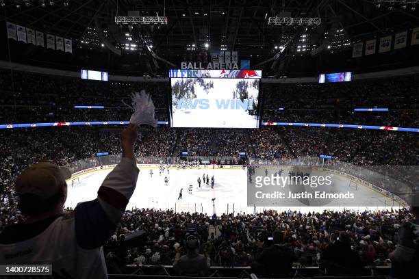 The Colorado Avalanche celebrate after defeating the Edmonton Oilers with a score of 4 to 0 in Game Two of the Western Conference Final of the 2022...