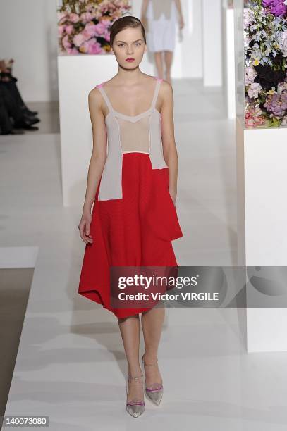 Model walks the runway during the Jil Sander Ready to Wear Fall/Winter 2012-2013 show as part of the Milan Fashion Week on February 25, 2012 in...