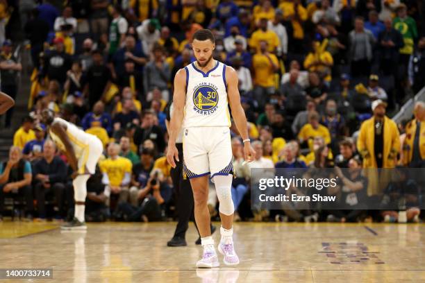 Stephen Curry of the Golden State Warriors reacts during the fourth quarter against the Boston Celtics in Game One of the 2022 NBA Finals at Chase...