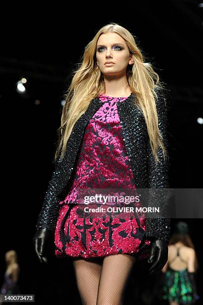 Model displays a creation as part of Roberto Cavalli Fall-winter 2012-2013 show on February 27, 2012 during the Women's fashion week in Milan. AFP...