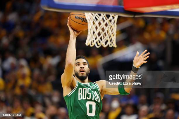 Jayson Tatum of the Boston Celtics shoots the ball against the Golden State Warriors during the third quarter in Game One of the 2022 NBA Finals at...